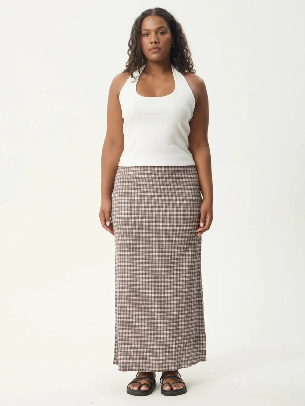 Afends Base Seersucker Maxi Skirt - Coffee Check NWT - Picture 3 of 9